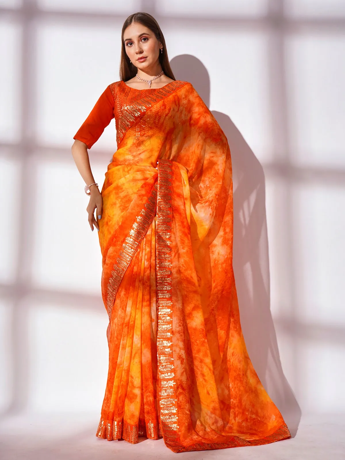 Women Party Wear Digital Printed Saree with Heavy Lace Border and Un Stitched Blouse