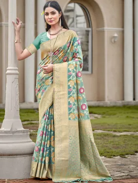 Women Sky Blue Organza Saree With Un Stitched Blouse